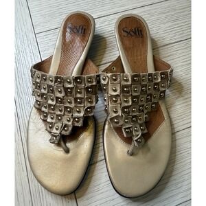 Söfft SOFFT Sandals Gold Leather Studded Women's Slip On Thongs Block Heel 8.5 M